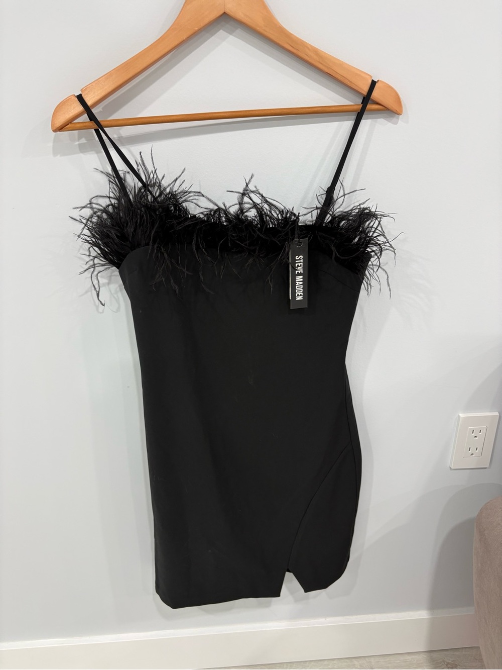 Steve Madden Black Feather-Trim Mini Dress